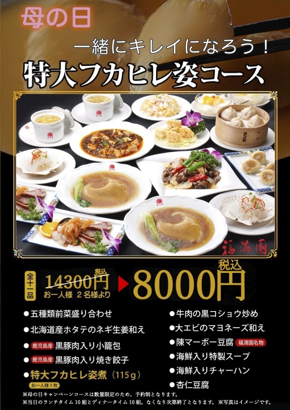 母の日キャンペーン・特大フカヒレ姿煮コース～感謝を伝える豪華中華～